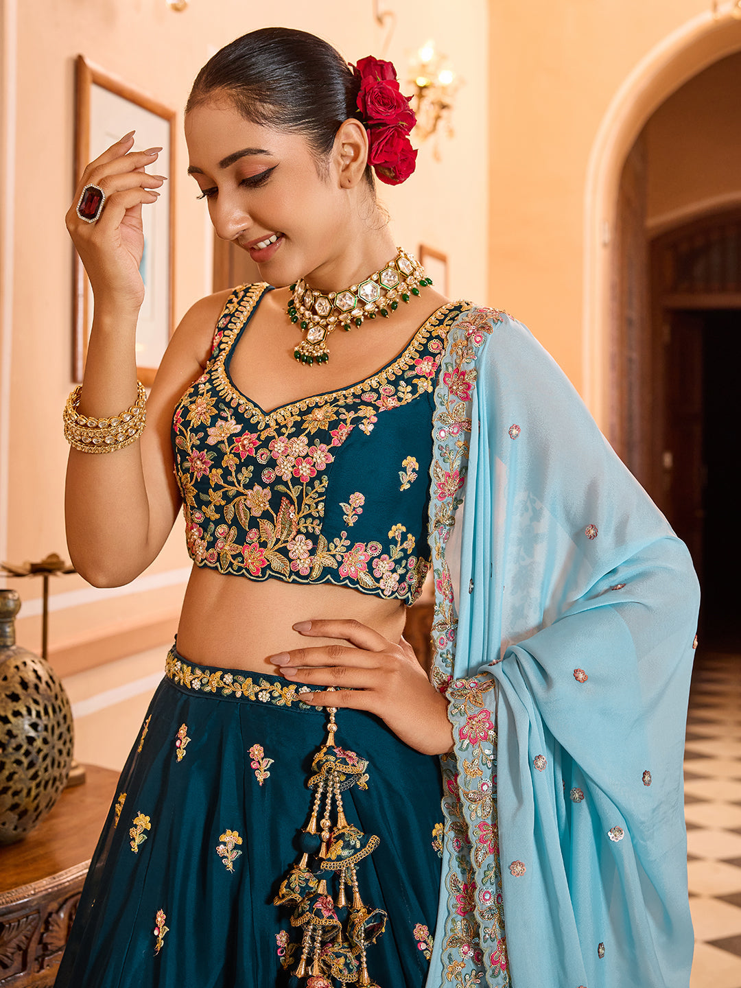 TEAL - Georgette Fabric Sequins embroidery Lehenga & Unstitched Blouse With Dupatta