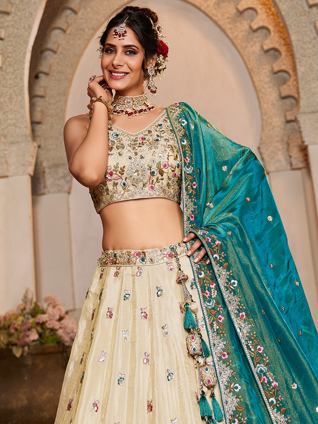 Teal - Tissue Sequinse embroidery Lehenga choli & Dupatta