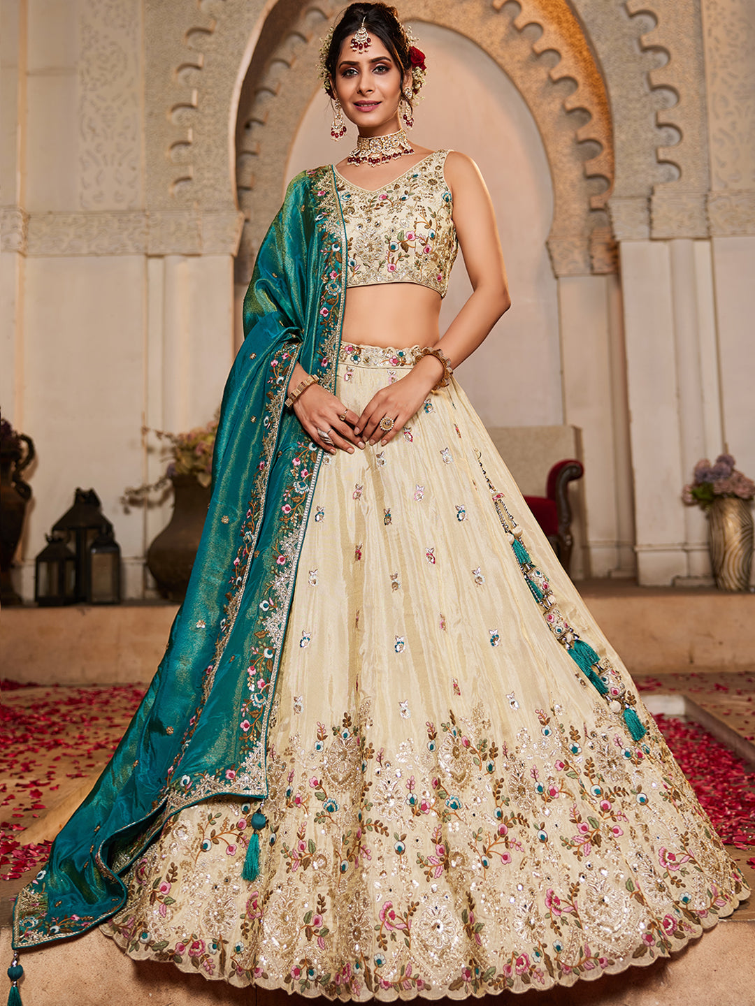 Teal - Tissue Sequinse embroidery Lehenga choli & Dupatta
