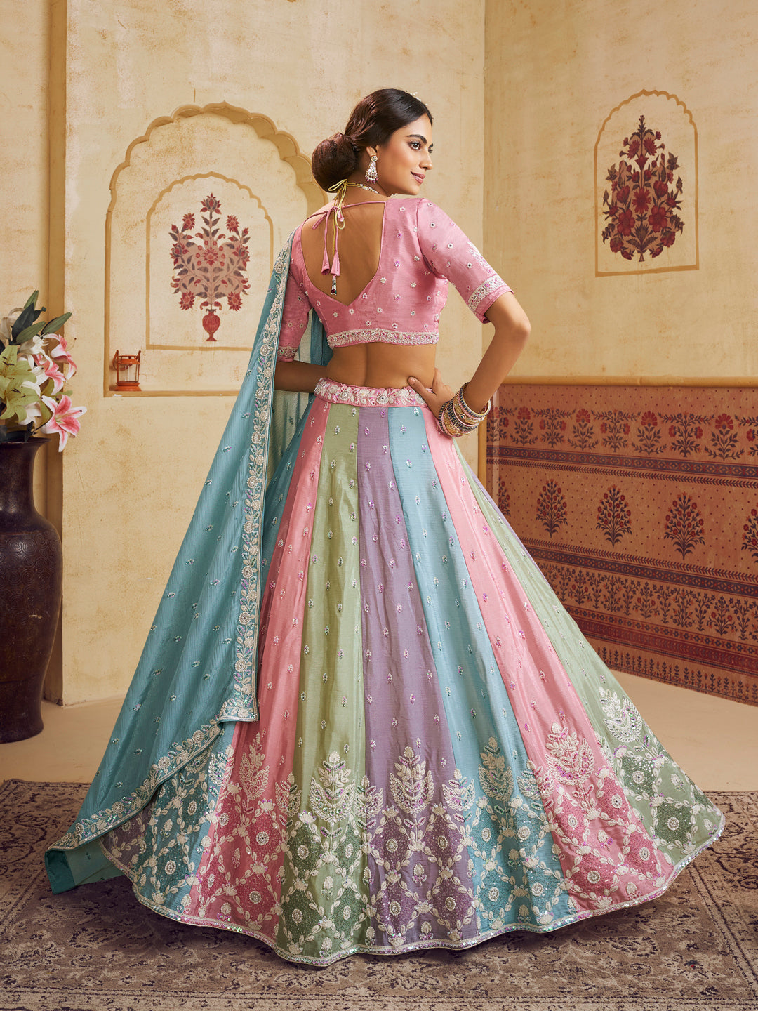 Turquoise Blue Color Poly Chiffon Fabric Sequins embroidery Lehenga choli & Dupatta - qivii