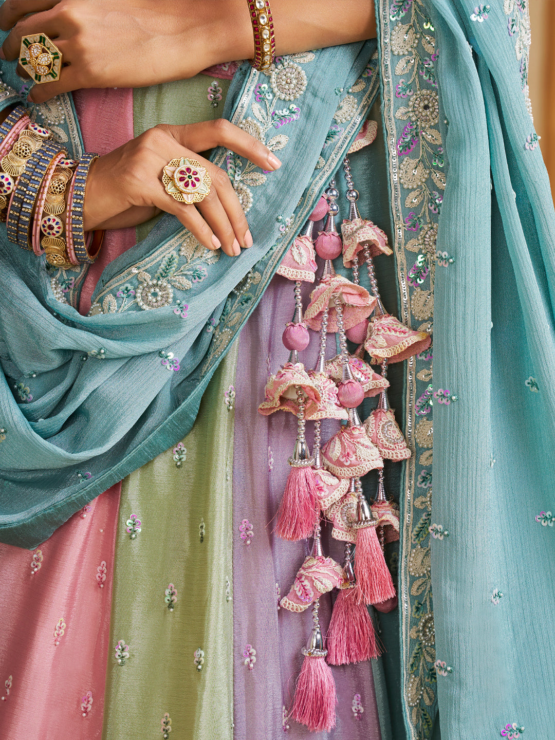 Turquoise Blue Color Poly Chiffon Fabric Sequins embroidery Lehenga choli & Dupatta - qivii