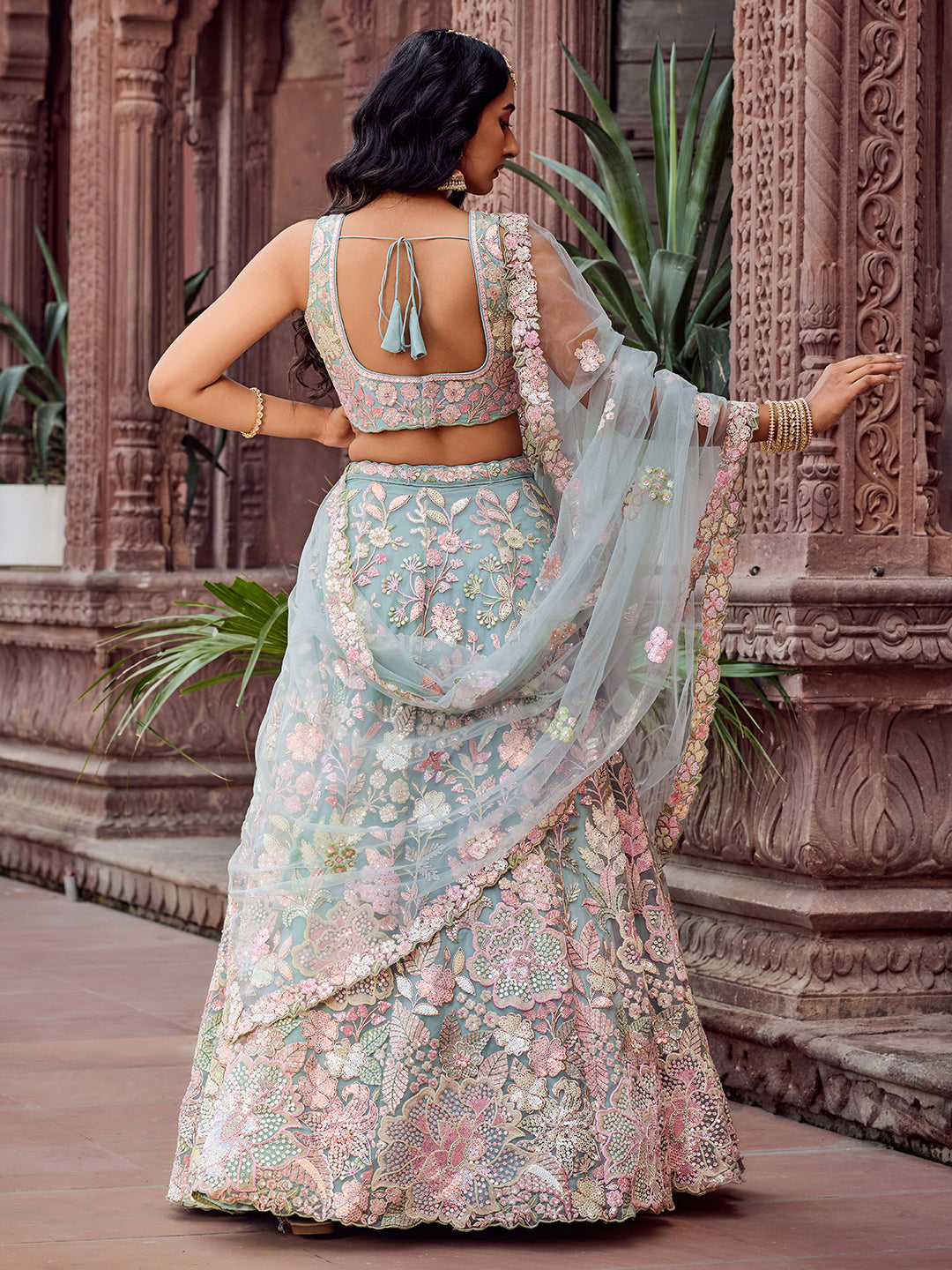 TURQUOISE BLUE - Net Fabric Sequins embroidery Lehenga & Unstitched Blouse With Dupatta