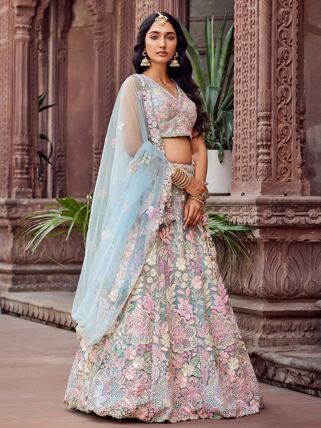 TURQUOISE BLUE - Net Fabric Sequins embroidery Lehenga & Unstitched Blouse With Dupatta