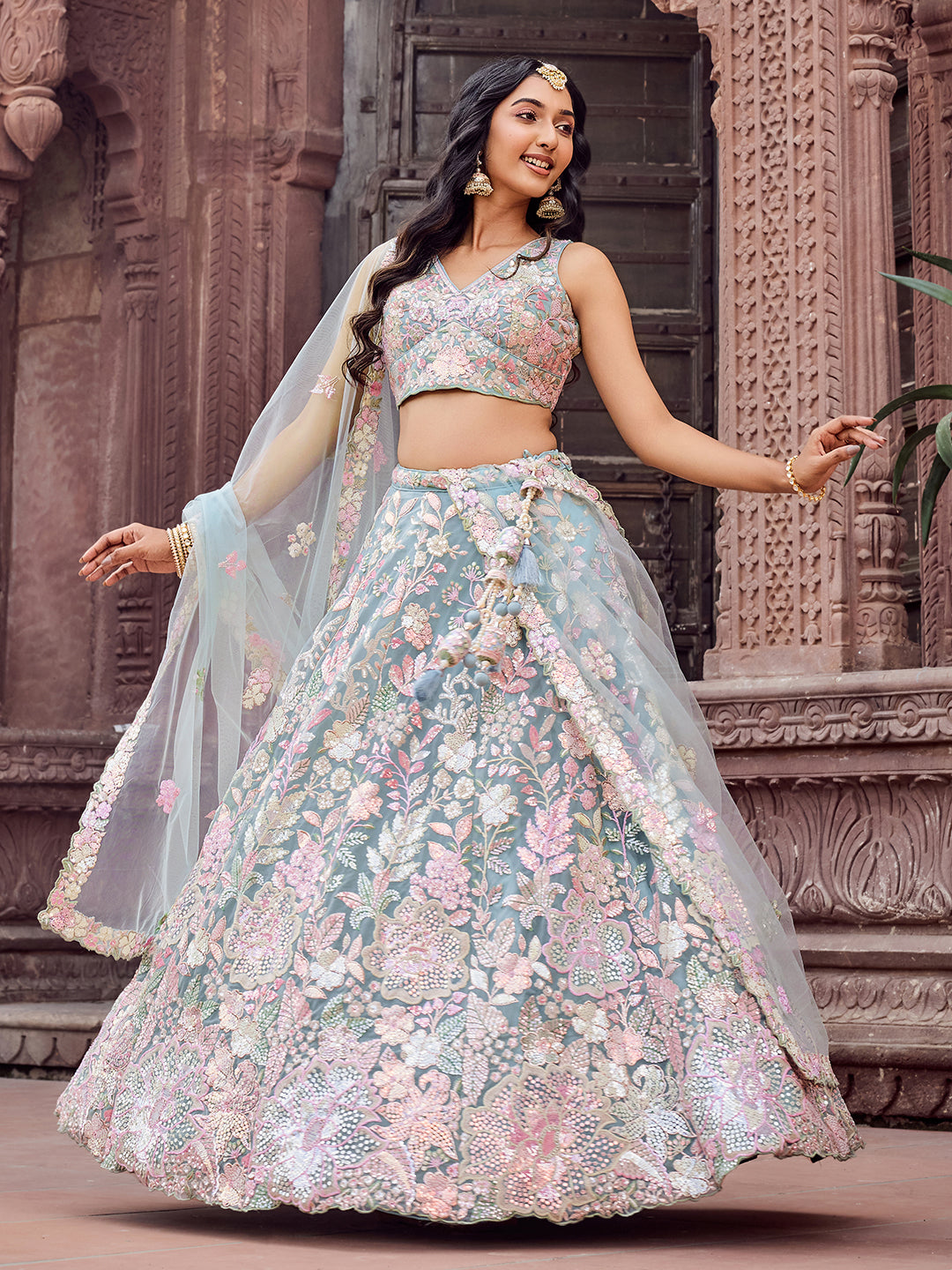 TURQUOISE BLUE - Net Fabric Sequins embroidery Lehenga & Unstitched Blouse With Dupatta