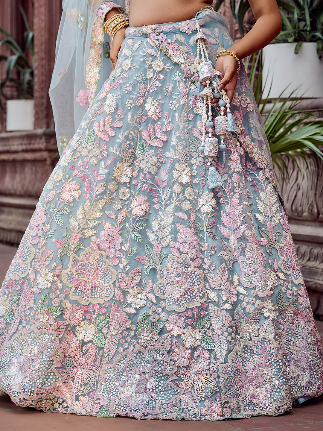 TURQUOISE BLUE - Net Fabric Sequins embroidery Lehenga & Unstitched Blouse With Dupatta