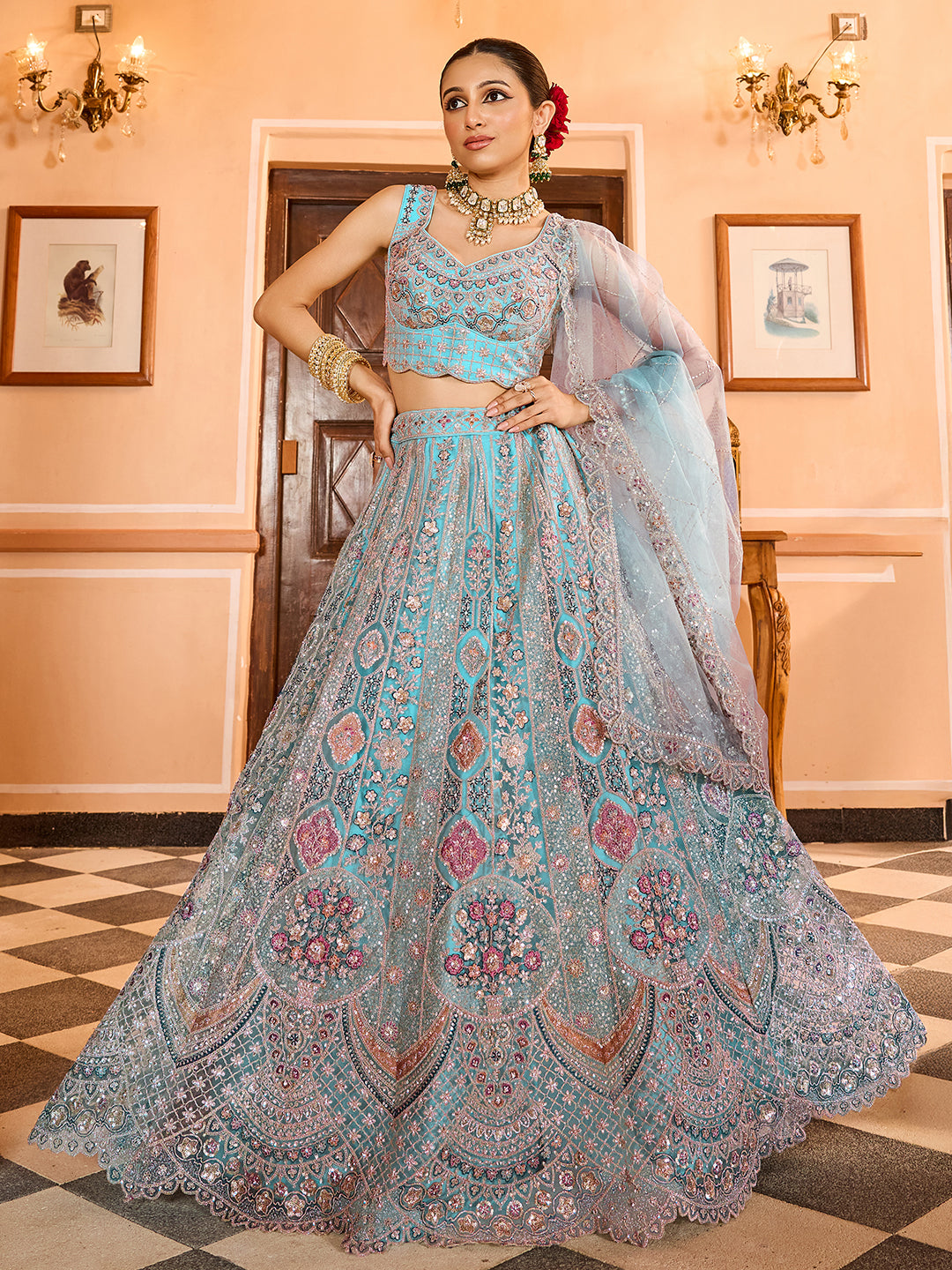 TURQUOISE BLUE - Net Fabric Sequins embroidery Lehenga & Unstitched Blouse With Dupatta