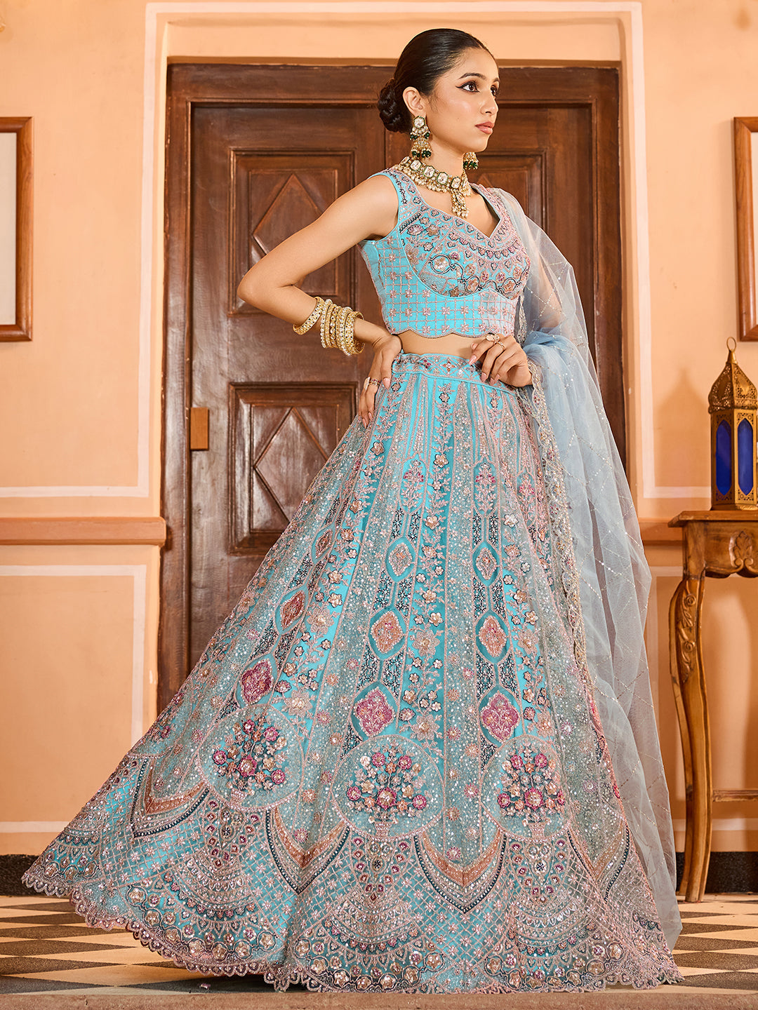 TURQUOISE BLUE - Net Fabric Sequins embroidery Lehenga & Unstitched Blouse With Dupatta