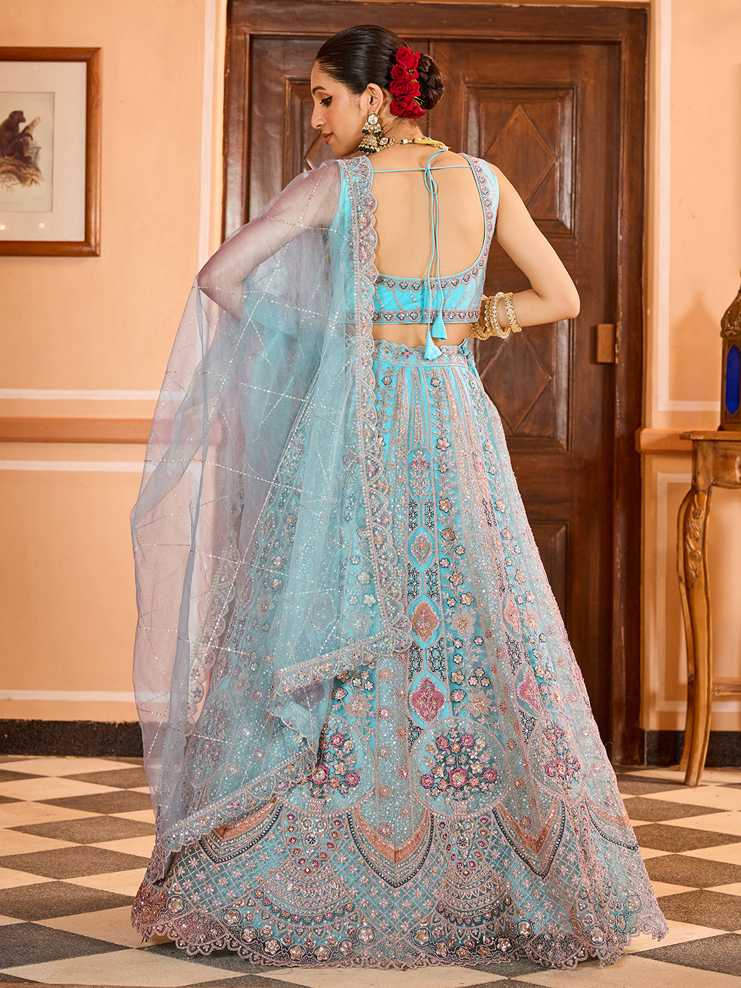 TURQUOISE BLUE - Net Fabric Sequins embroidery Lehenga & Unstitched Blouse With Dupatta