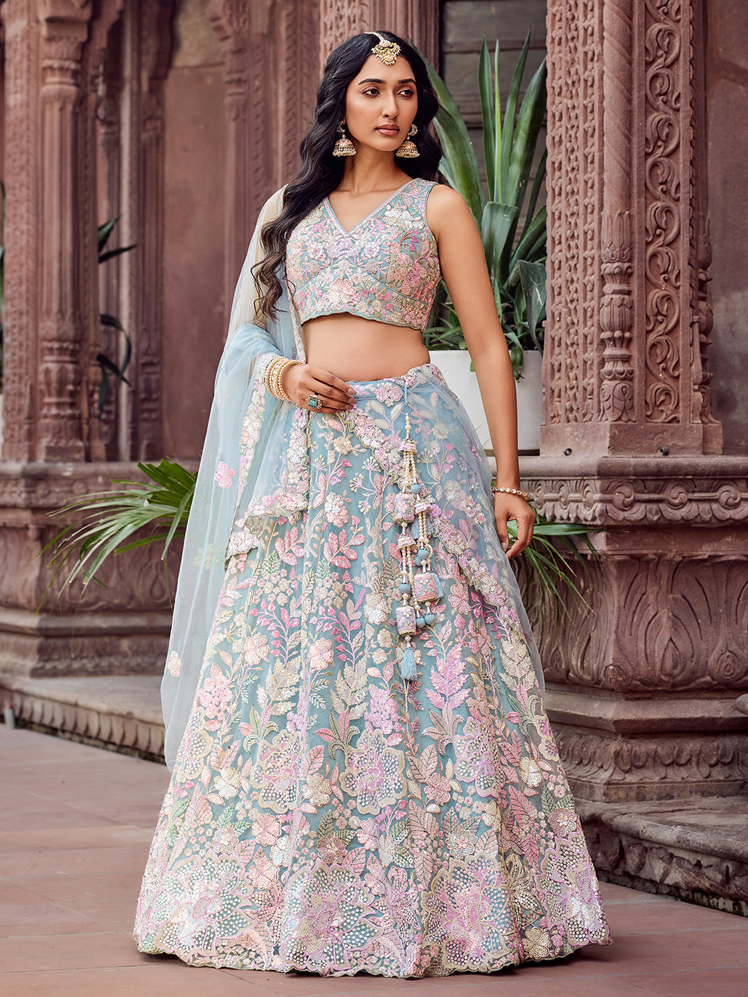TURQUOISE BLUE - Net Fabric Sequins embroidery Lehenga & Unstitched Blouse With Dupatta
