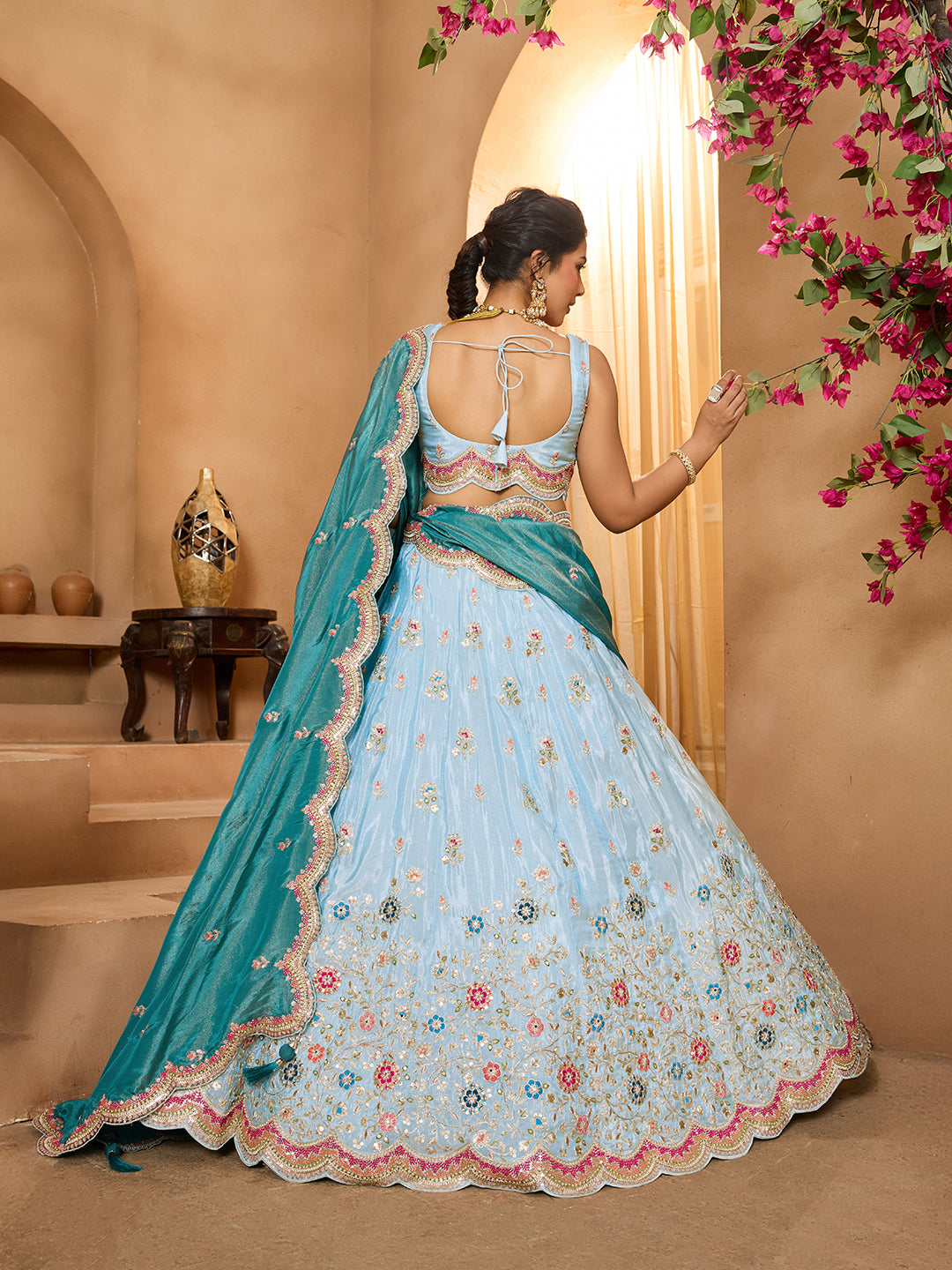 Turquoiseblue- Tissue Fabric Sequins embroidery Semi-Stitched Lehenga & Unstitched Blouse With Dupatta - qivii