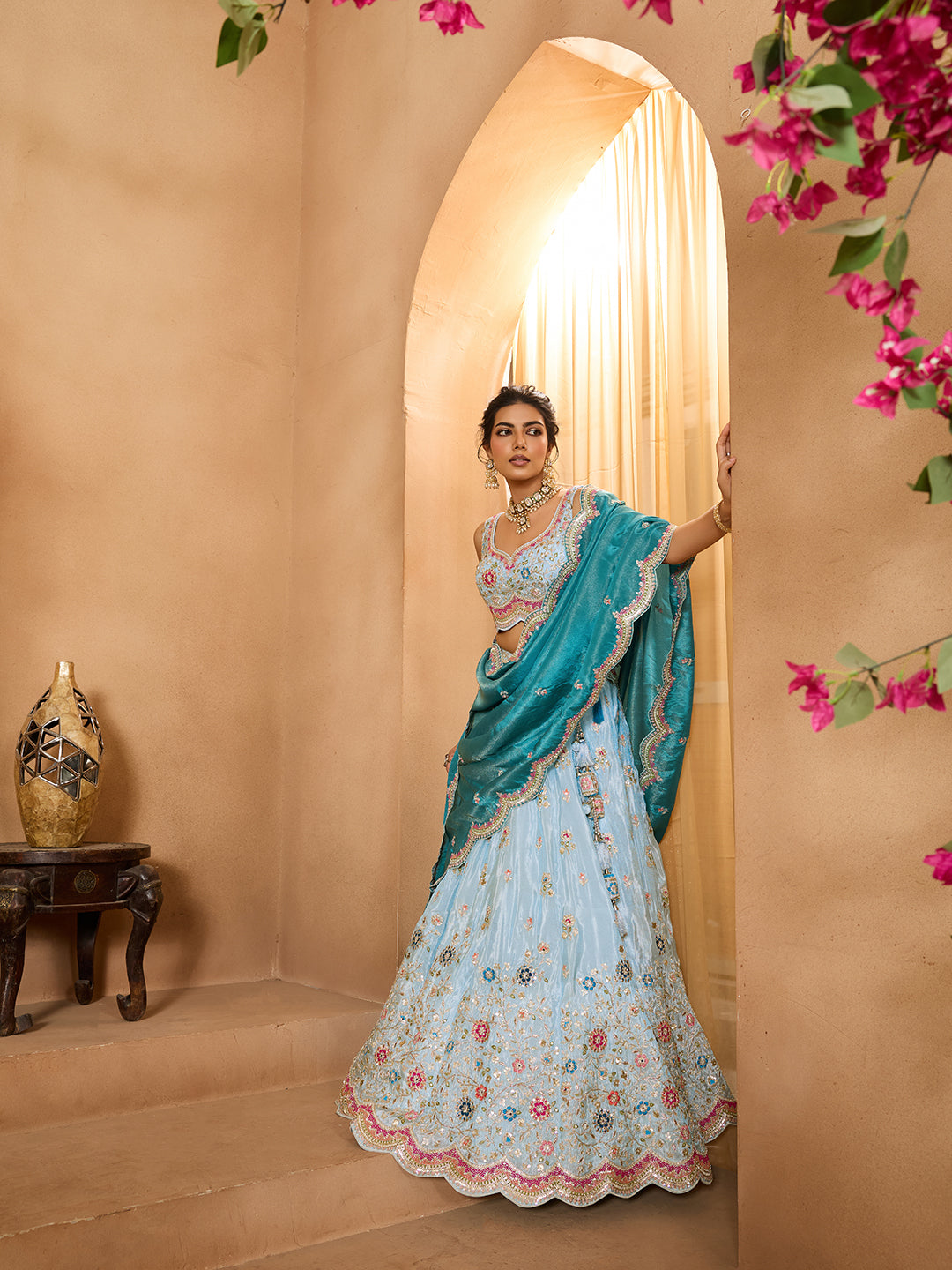 Turquoiseblue- Tissue Fabric Sequins embroidery Semi-Stitched Lehenga & Unstitched Blouse With Dupatta - qivii