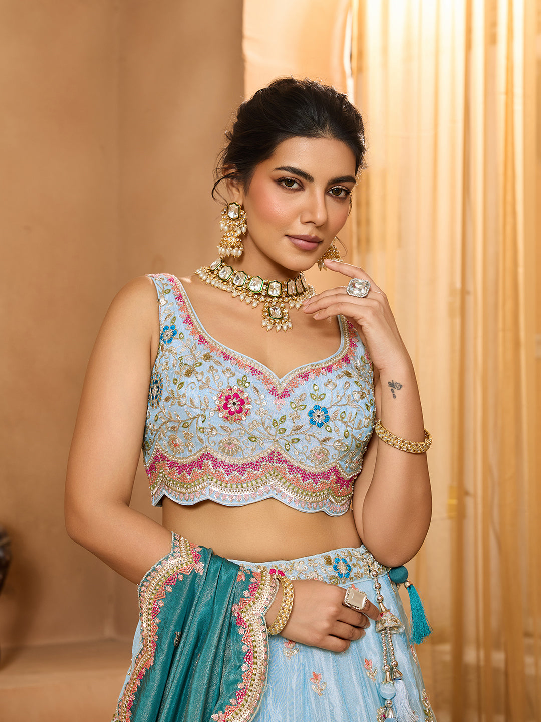 Turquoiseblue- Tissue Fabric Sequins embroidery Semi-Stitched Lehenga & Unstitched Blouse With Dupatta - qivii