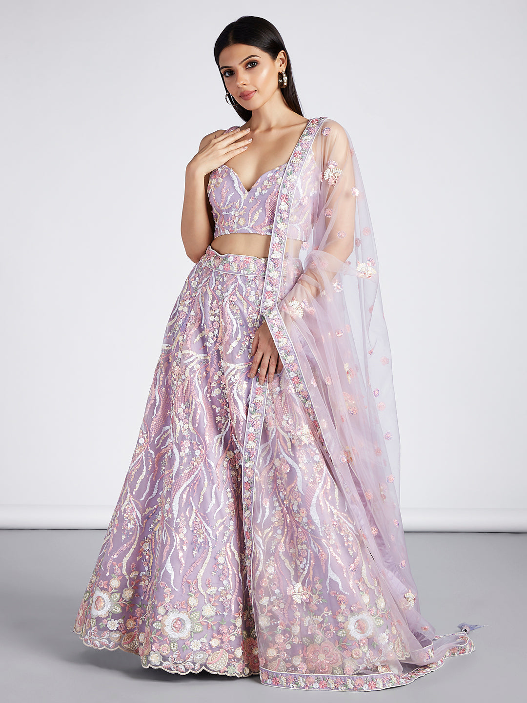 Lavender - Multi-Sequins & Thread Work Embroidery Net Semi-Stitched Lehenga - qivii