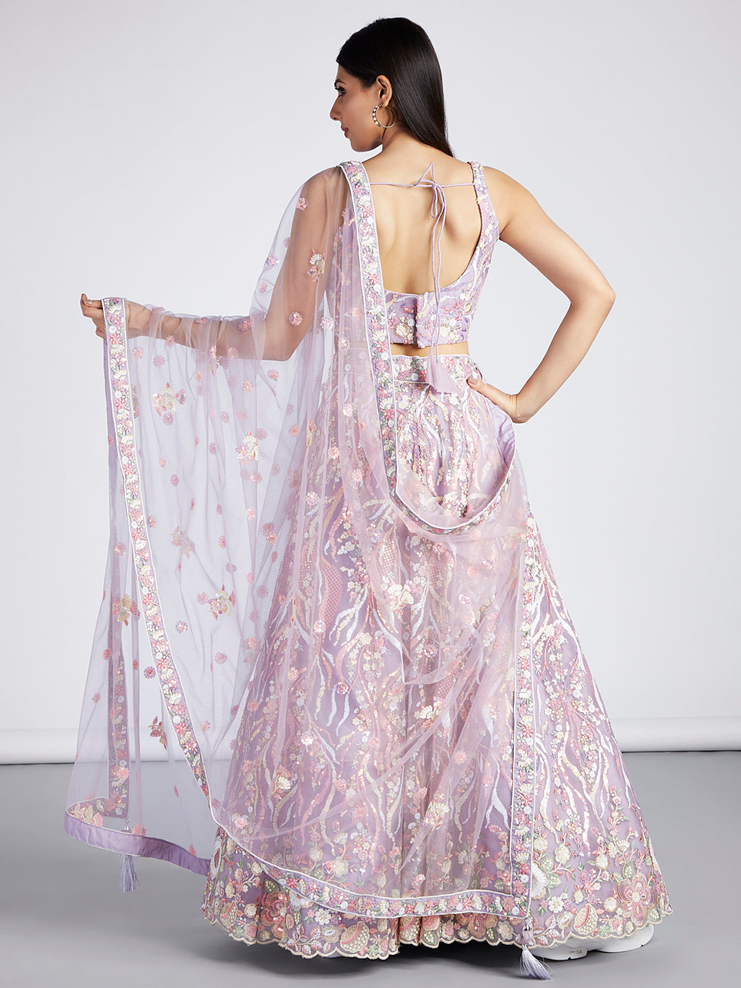 Lavender - Multi-Sequins & Thread Work Embroidery Net Semi-Stitched Lehenga - qivii