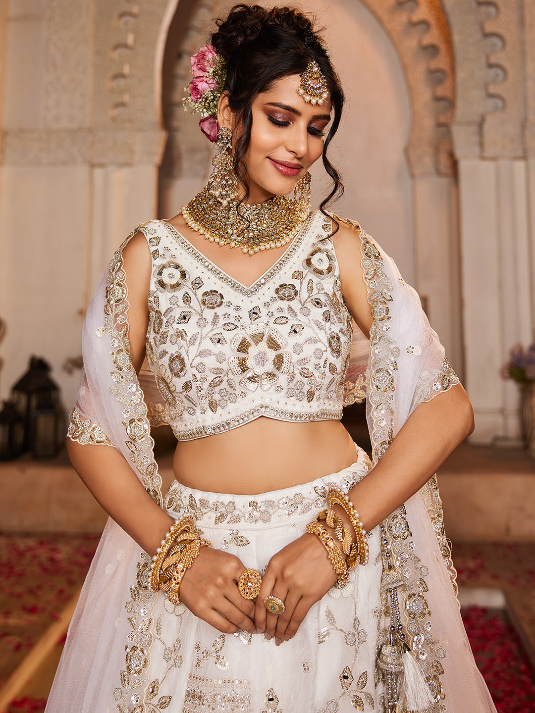 OFFWHITE - Tissue Fabric Sequins embroidery Semi-Stitched Lehenga choli & Dupatta - qivii
