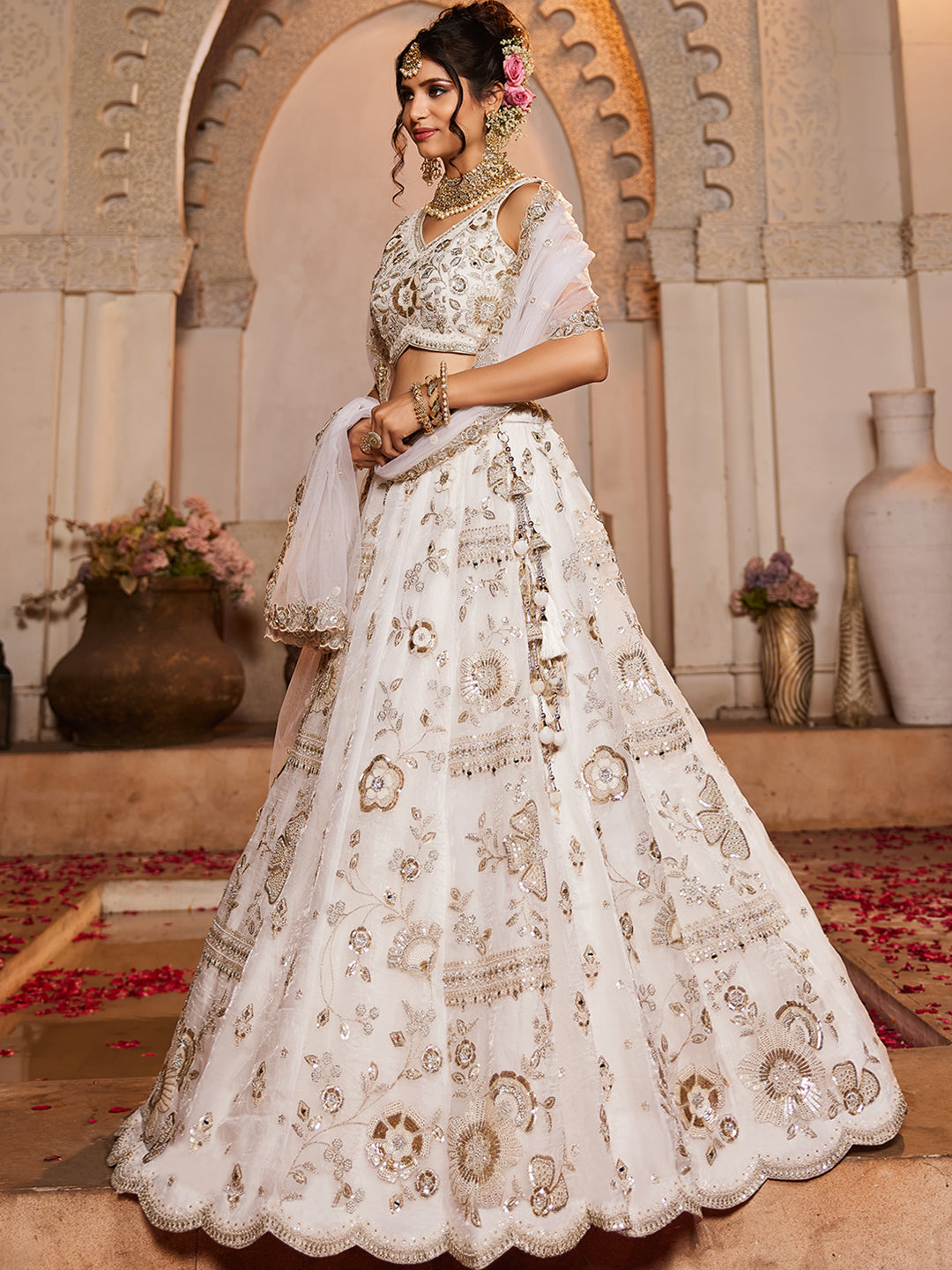 OFFWHITE - Tissue Fabric Sequins embroidery Semi-Stitched Lehenga choli & Dupatta - qivii