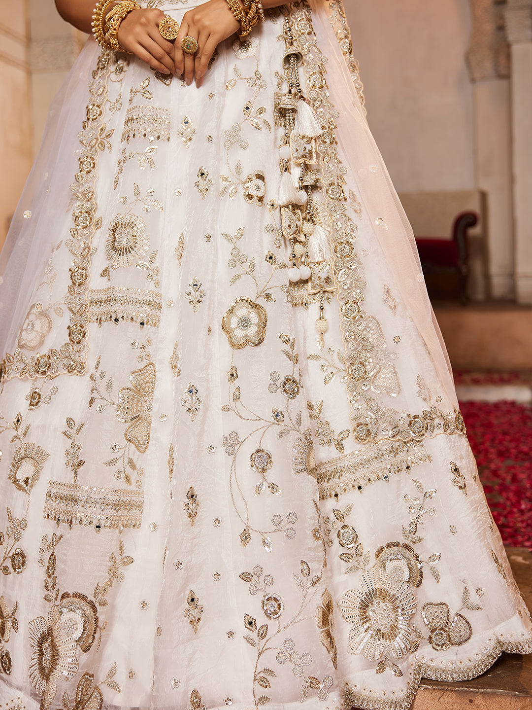 OFFWHITE - Tissue Fabric Sequins embroidery Semi-Stitched Lehenga choli & Dupatta - qivii