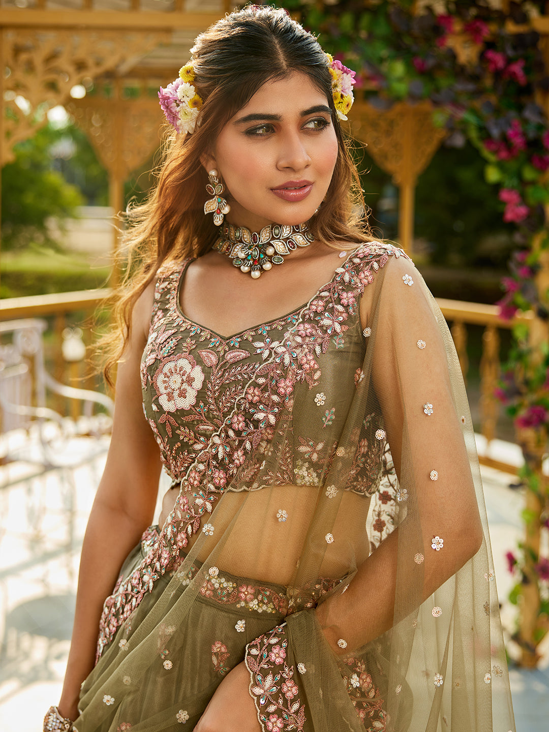 Olive - Satin Sequinse embroidery Semi-Stitched Lehenga choli & Dupatta - qivii