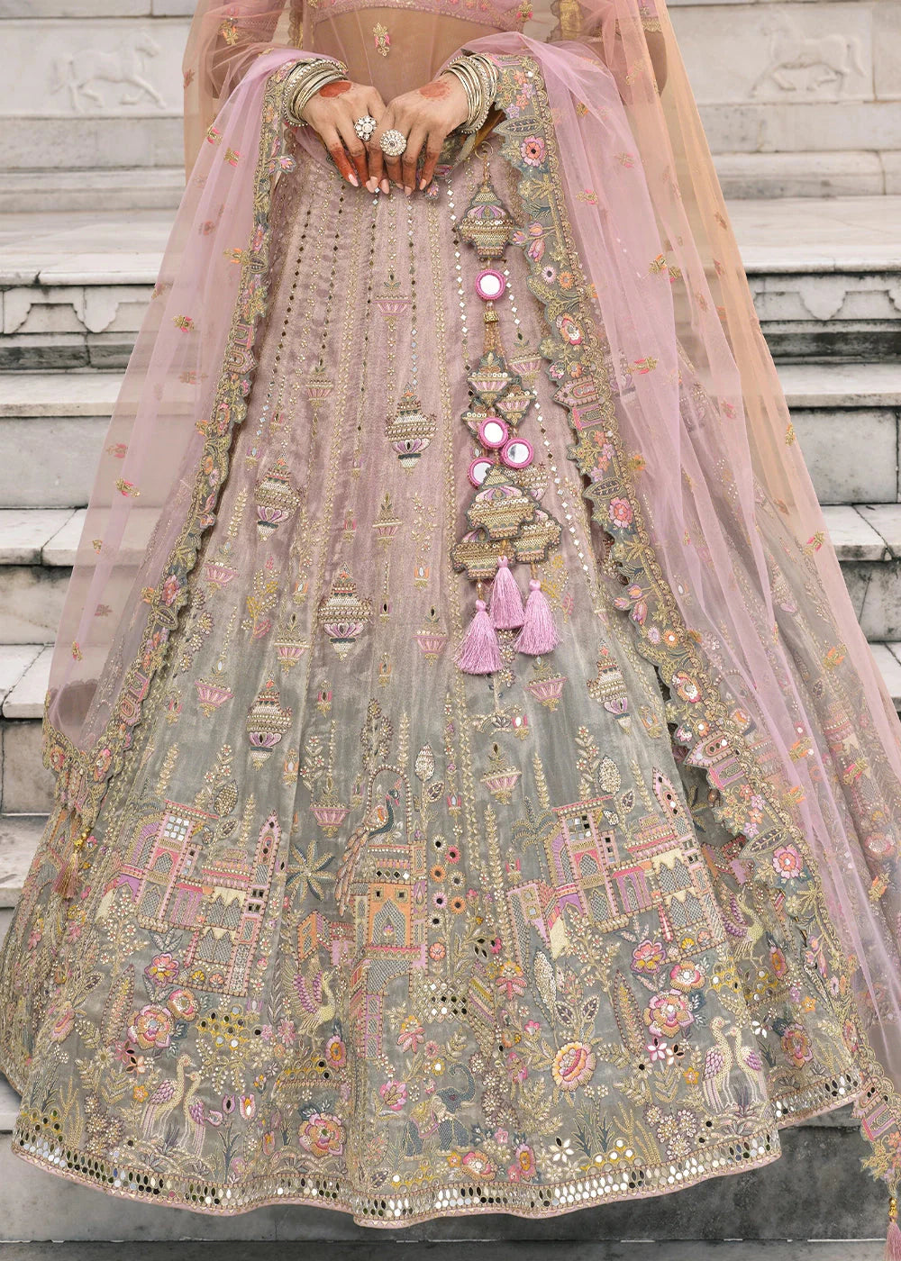 Pink & Gray Heavy Embroidered Mirror, Sequins & Stone Work Semi Stitched Lehenga Choli