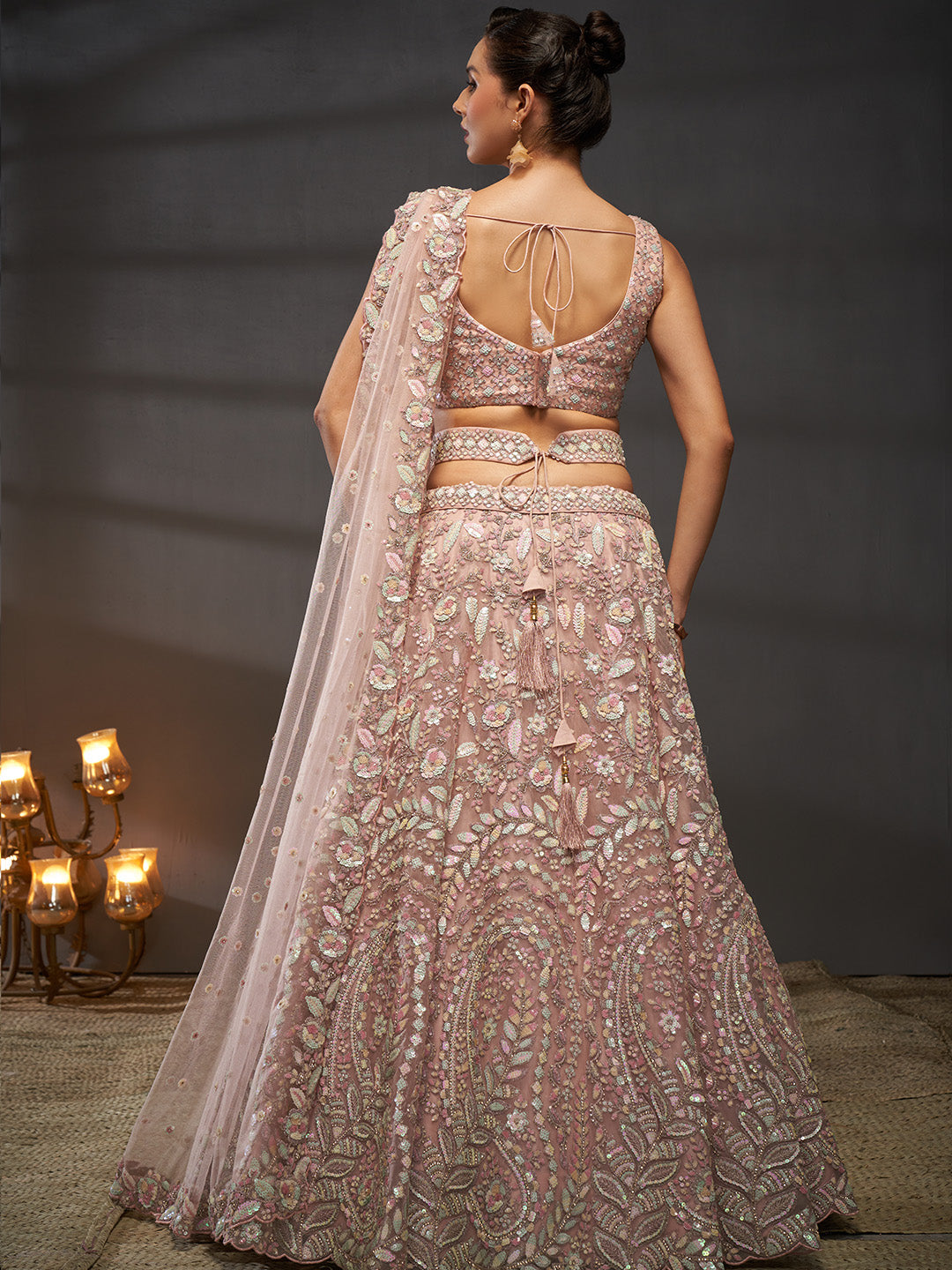 Pink - Multi Sequins Heavy Zarkan Net Embroidered Semi-Stitched Bridal Lehenga choli - qivii