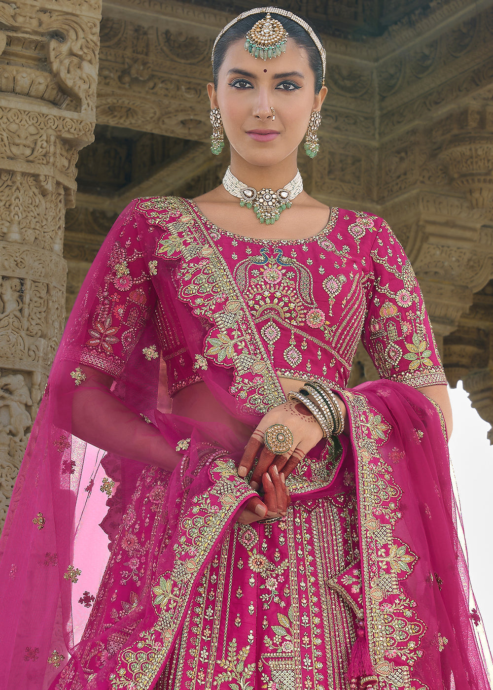 Pink Silk Multi-Color Thread,Zarkan Elephant Motif Hand Work Embroidered Bridal Semi Stitched Lehenga with Single Pink Color Dupatta