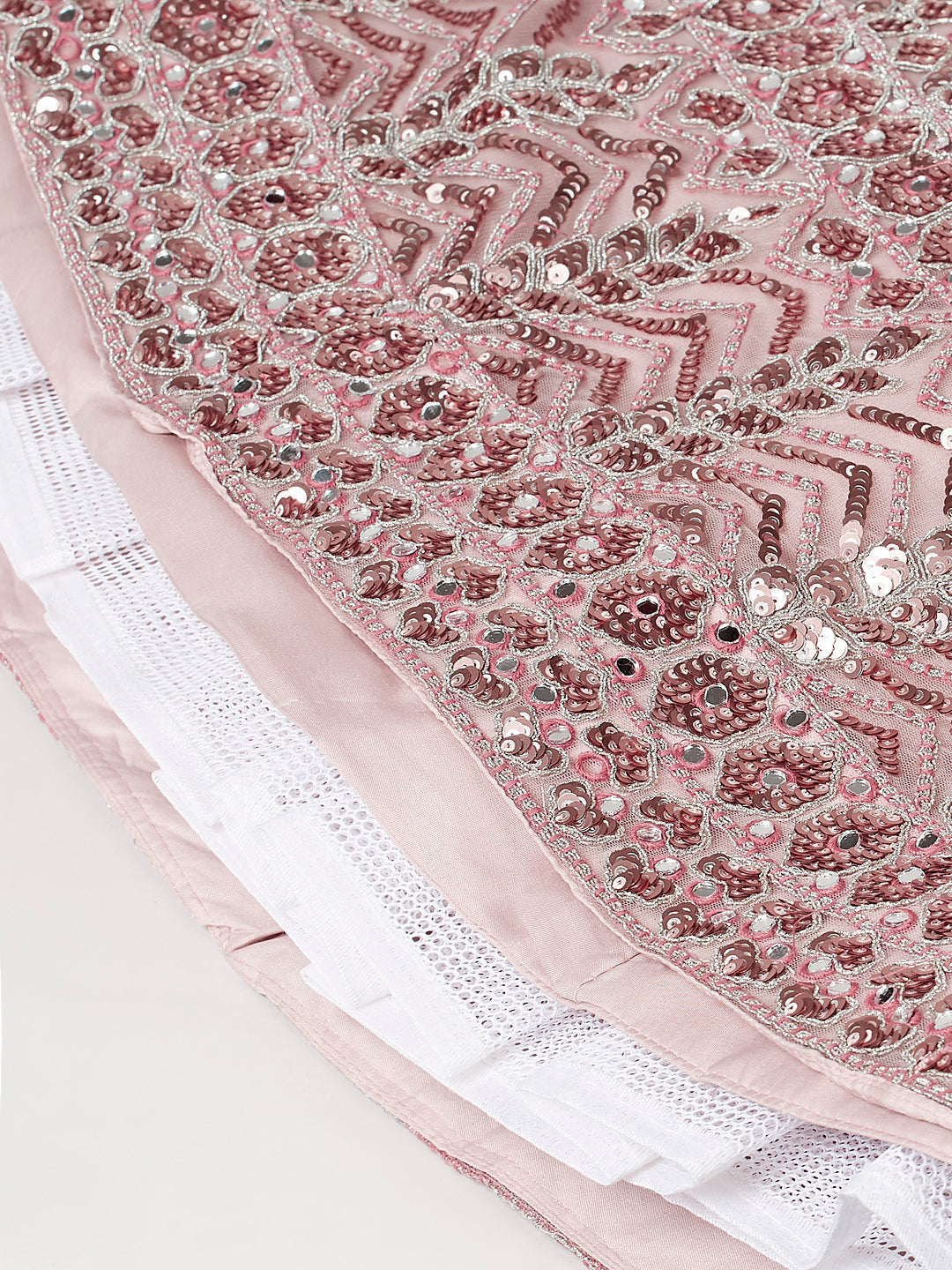 Rosegold - Net Mirror & Sequins Embroiderey Semi-Stitched Lehenga choli - qivii