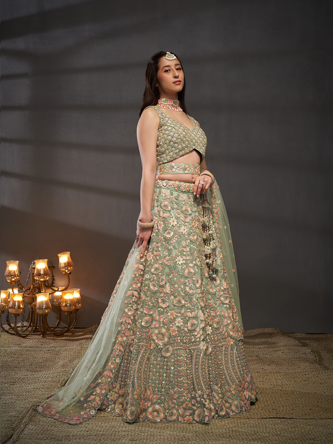 Seagreen - Multi Sequins Embroidered Net Semi-Stitched Bridal Lehenga choli - qivii