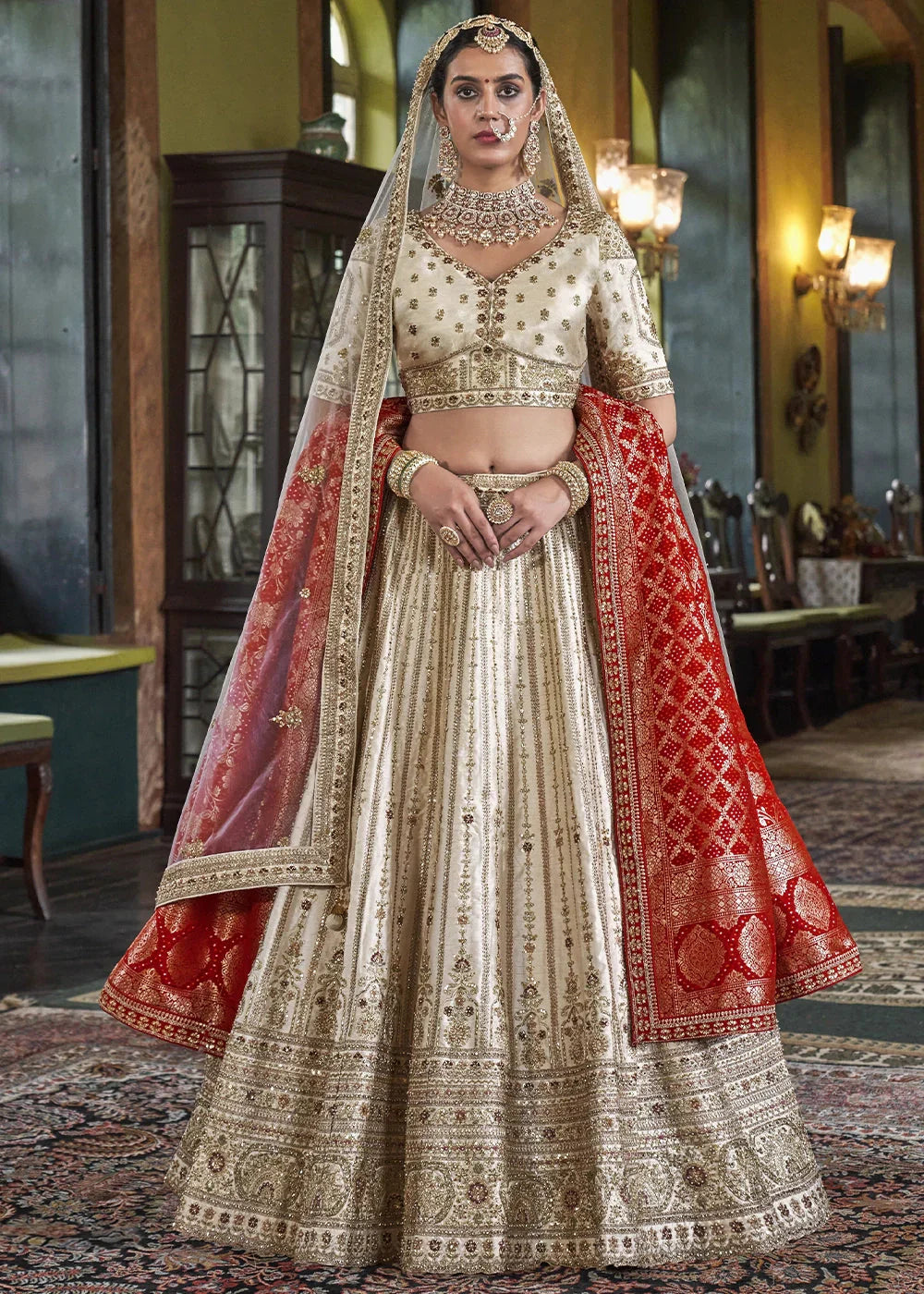 Silk With Embroidery, Sequence, Thread, Pearl & Zari Weaving Work Bridal Semi Stitched Lehenga
