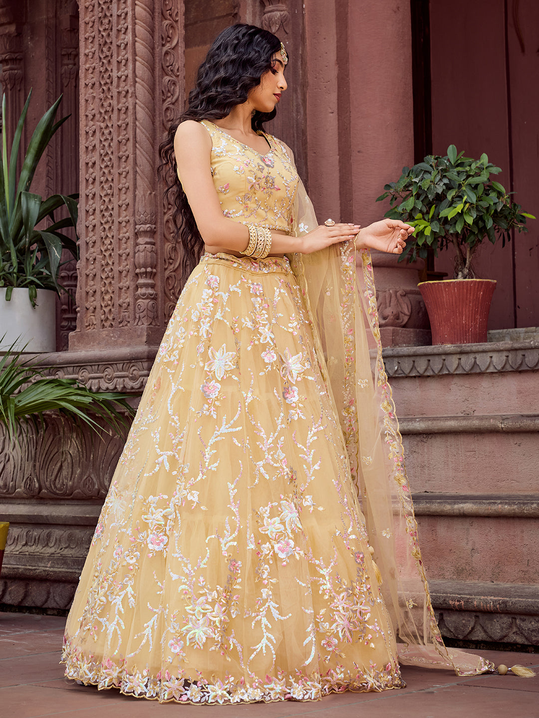 YELLOW - Net Fabric Sequins embroidery Lehenga & Unstitched Blouse With Dupatta