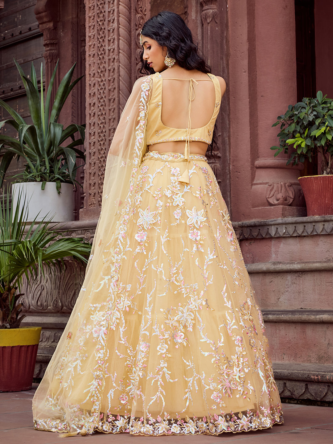 YELLOW - Net Fabric Sequins embroidery Semi-Stitched Lehenga & Unstitched Blouse With Dupatta