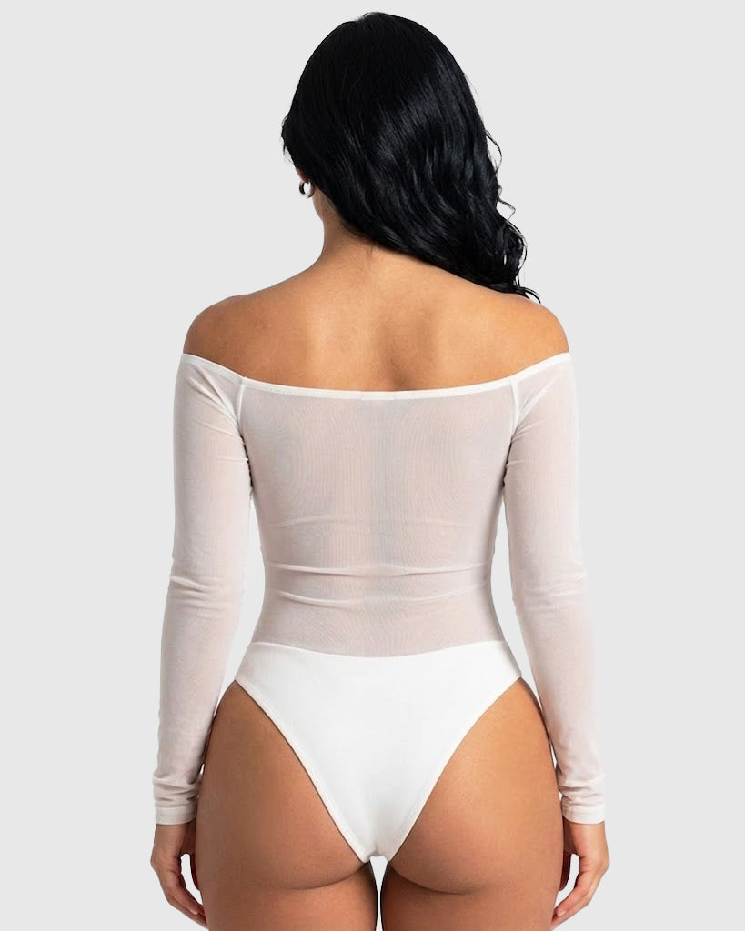 Off Shoulder Twist Front Mesh Long Sleeve Bodysuit - By Qivii