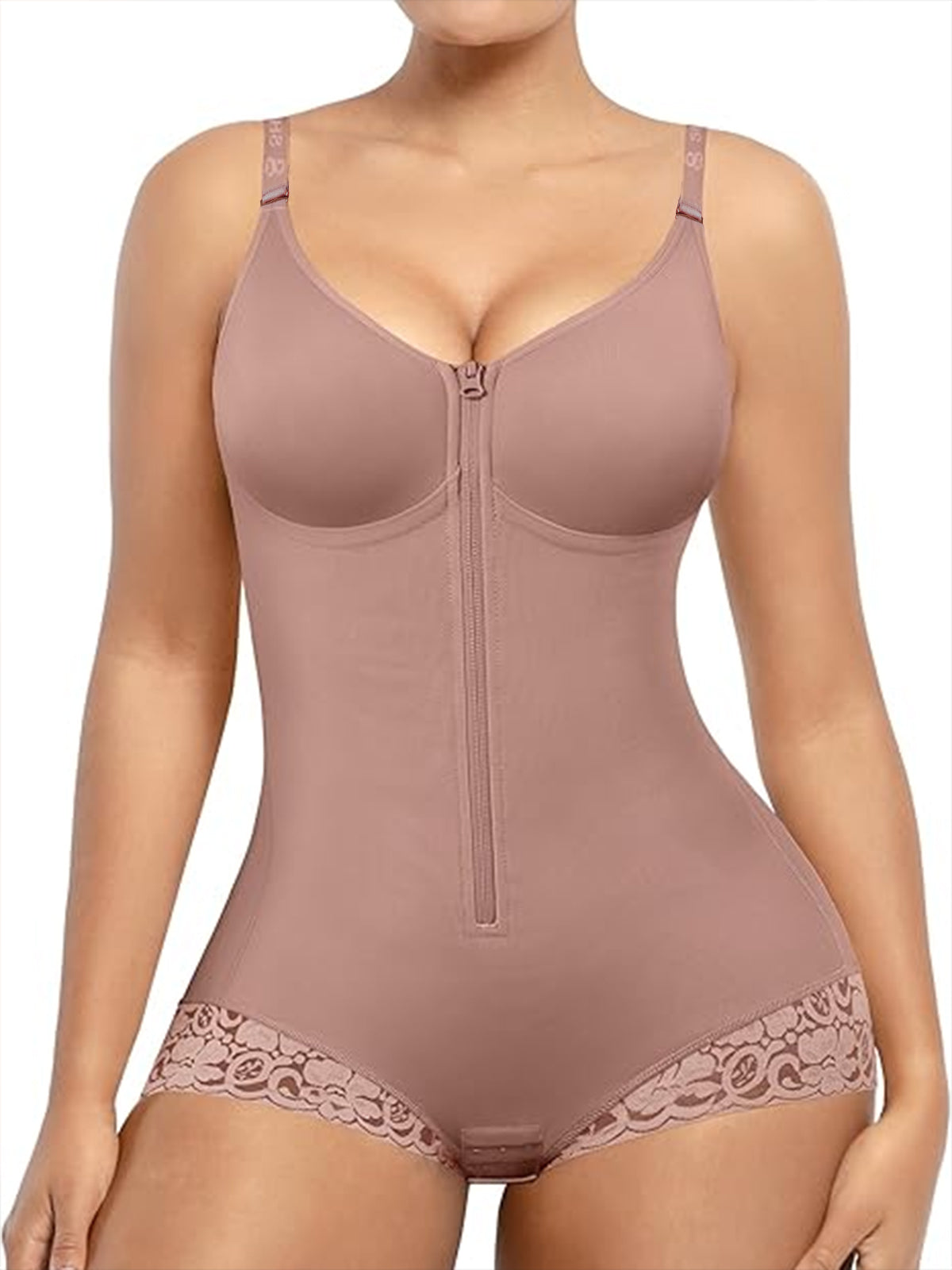 Lace-trimmed Tummy Control Zipper Shapewear Bodysuit