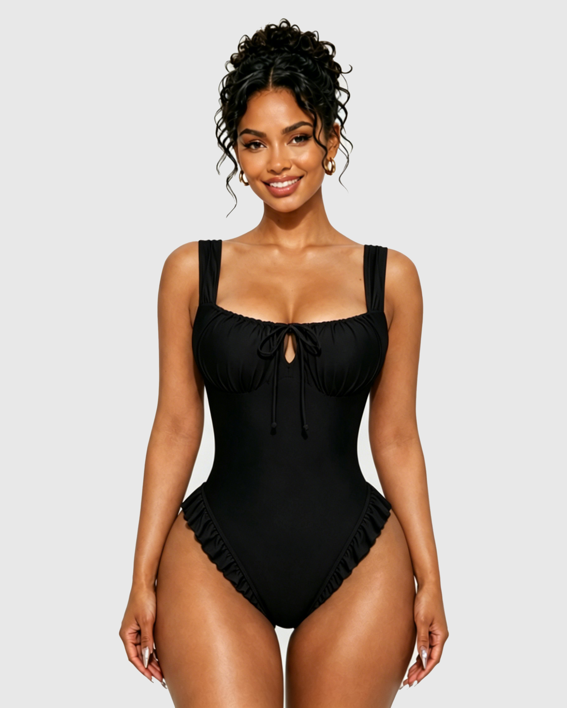 Square Neck Front Tie Ruffle Hem One Piece Swimsuit - By Qivii