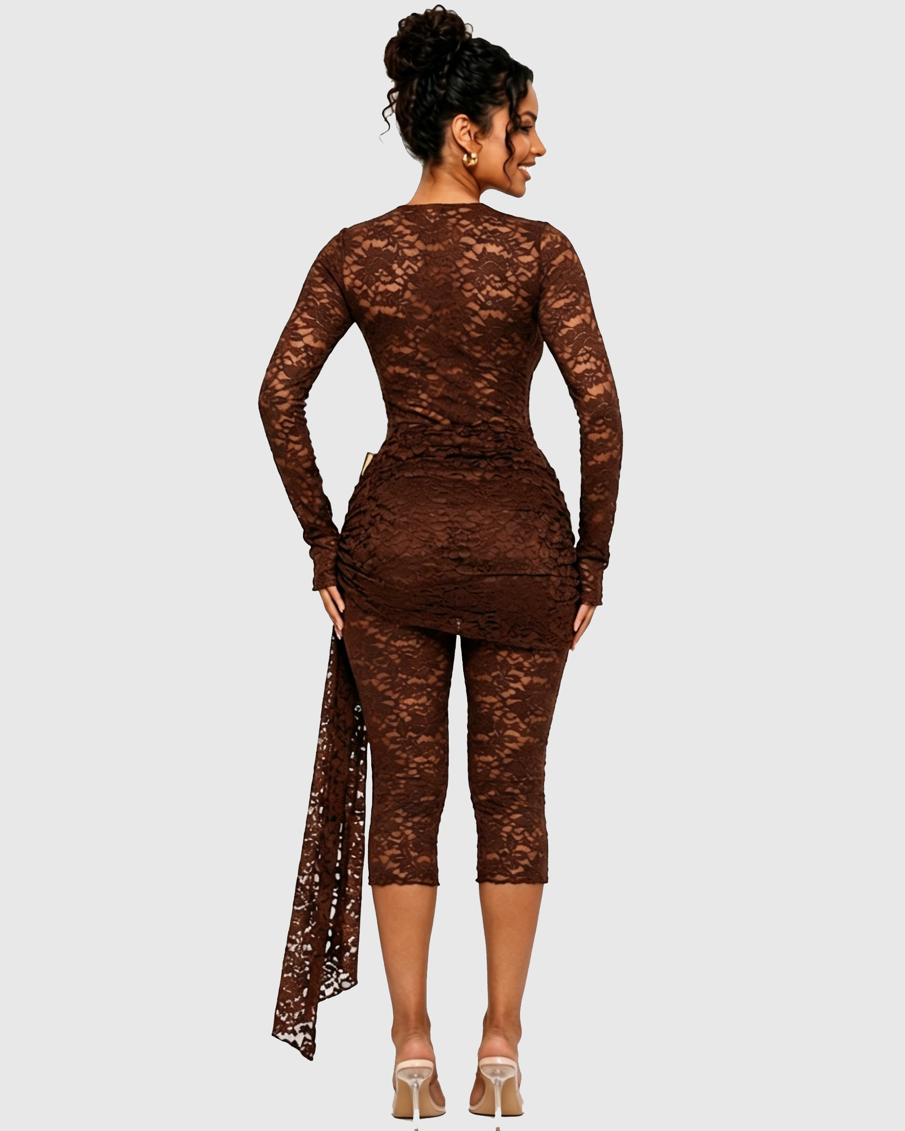 Deep V Lace Sheer Long Sleeve Capri Jumpsuit with Waist Drape Detail - By Qivii