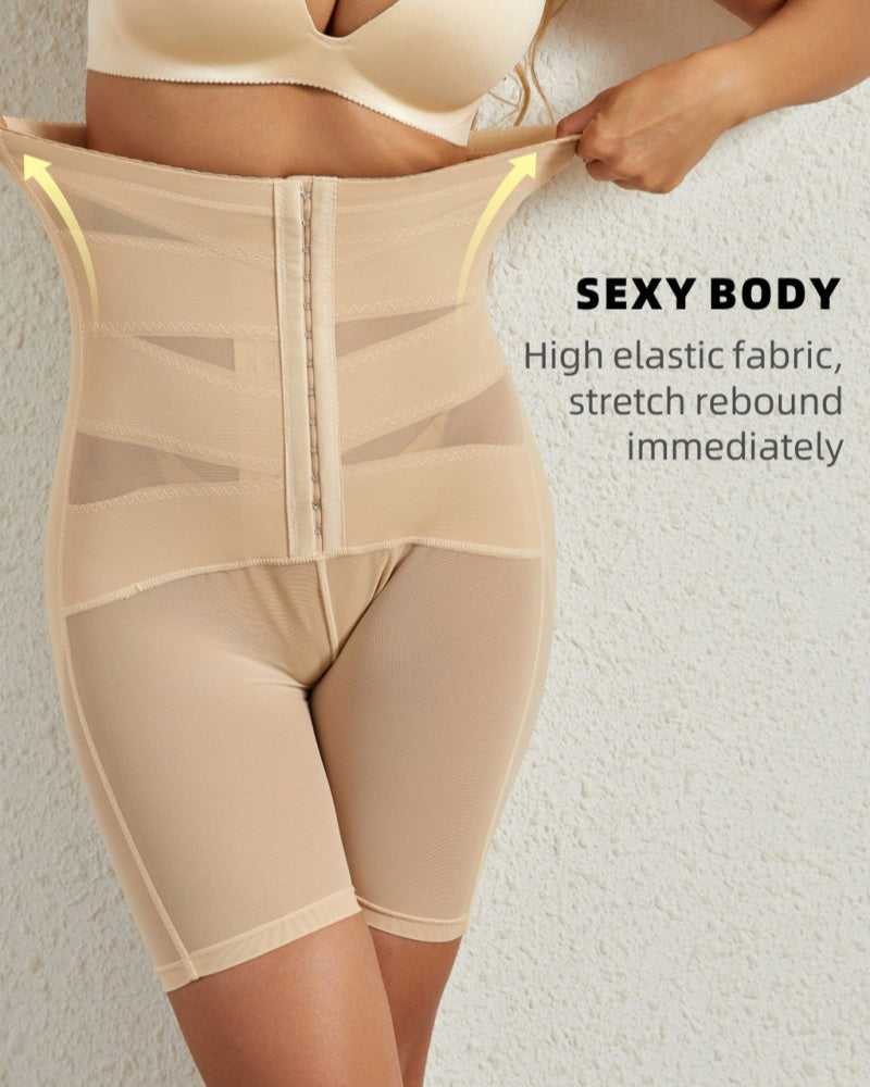 High Waist Stretchy Mesh Shaping Shorts with Adjustable Buckle - By Qivii