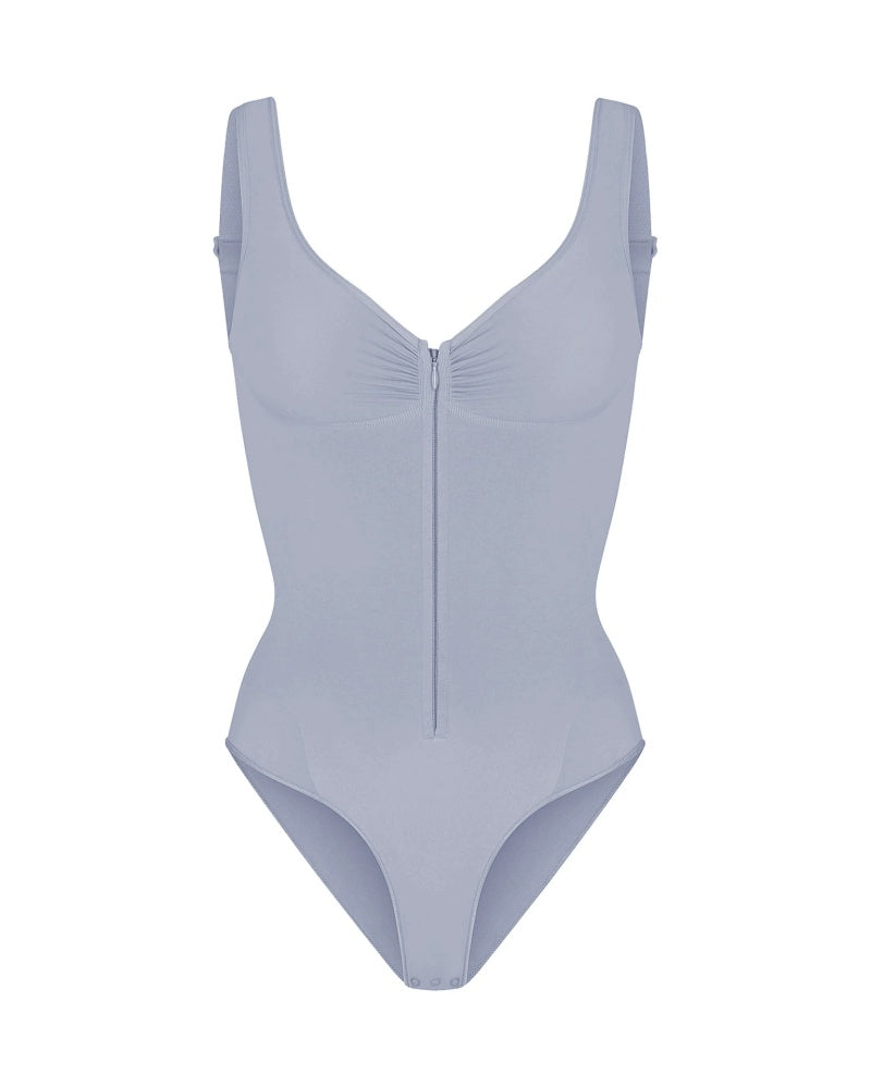 Deep V Seamless Backless Triangle Shapewear Bodysuit with Front Zipper