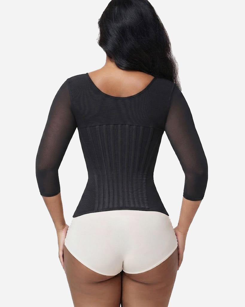 V Neck 3/4 Mesh Sleeve Zipper Waist Trainer High Compression Shaping Top