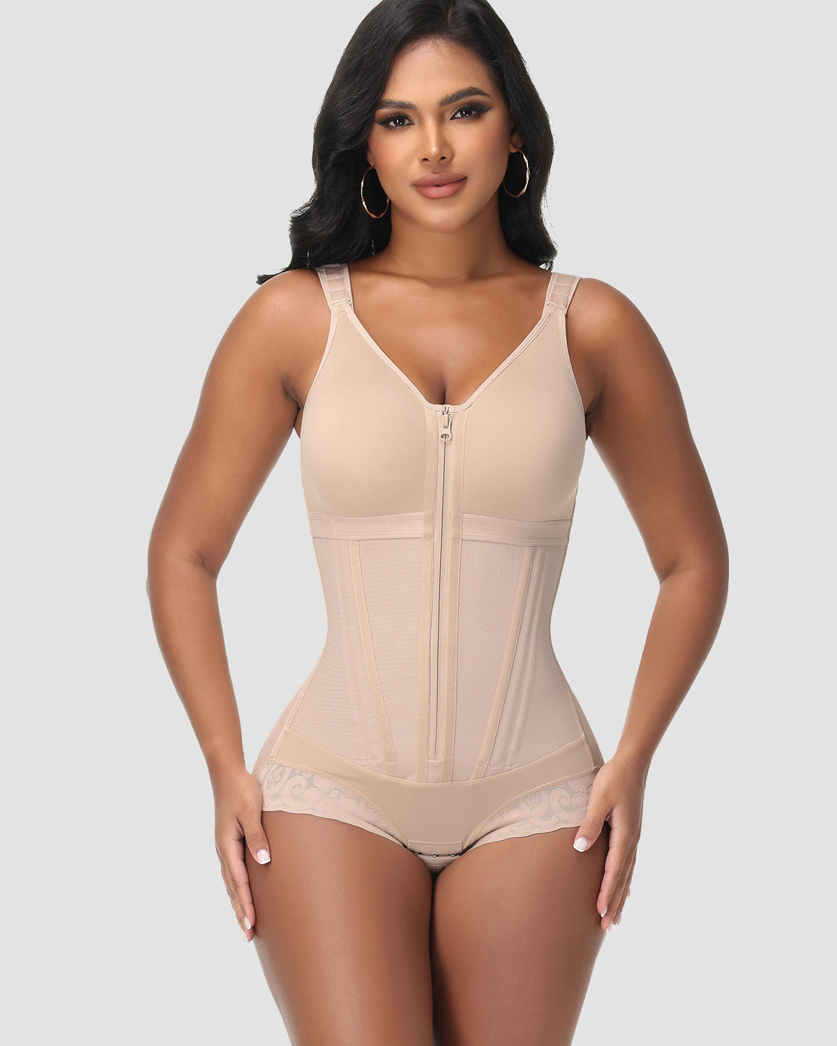 Double-Layer PowerMesh Hourglass Tummy Sculpt Zipper Bodysuit With Bra