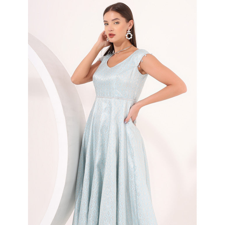Ice-Blue Brocade Anarkali Gown - qivii