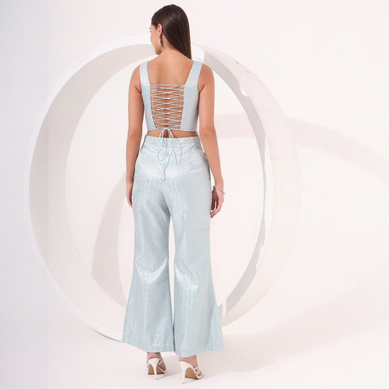 Ice Blue Brocade Sleeveless Co-Ord Set - qivii