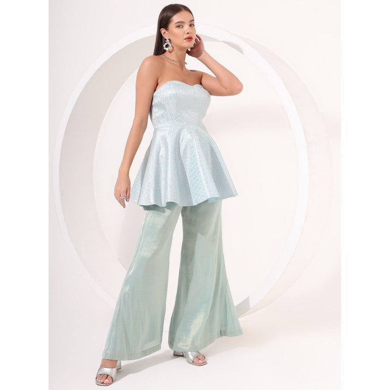 Ice Blue Strapless Brocade Peplum Set - qivii