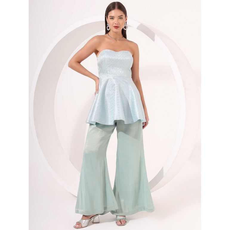 Ice Blue Strapless Brocade Peplum Set - qivii