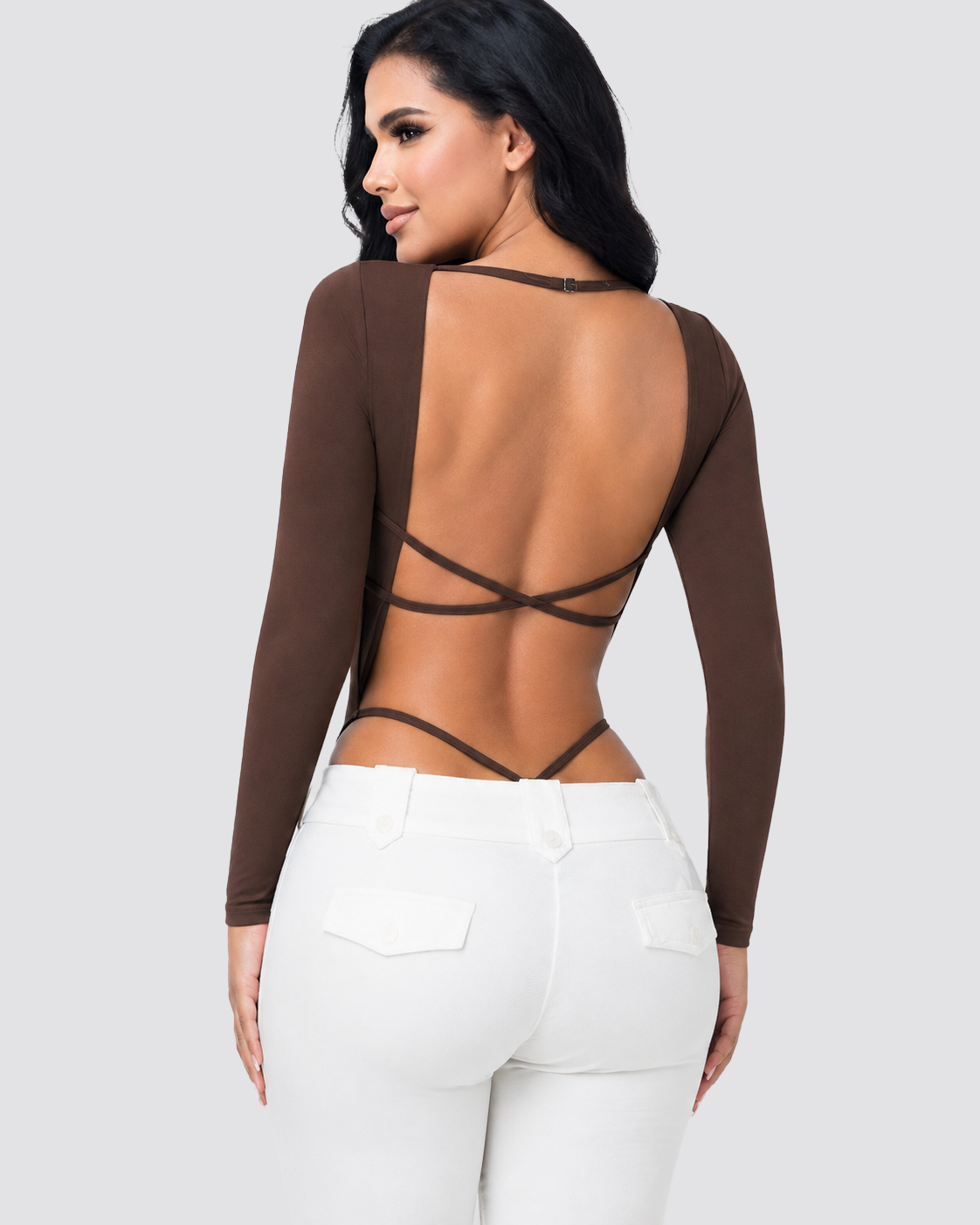 Square Neck Long Sleeve Backless Thong Slim Fit Bodysuit