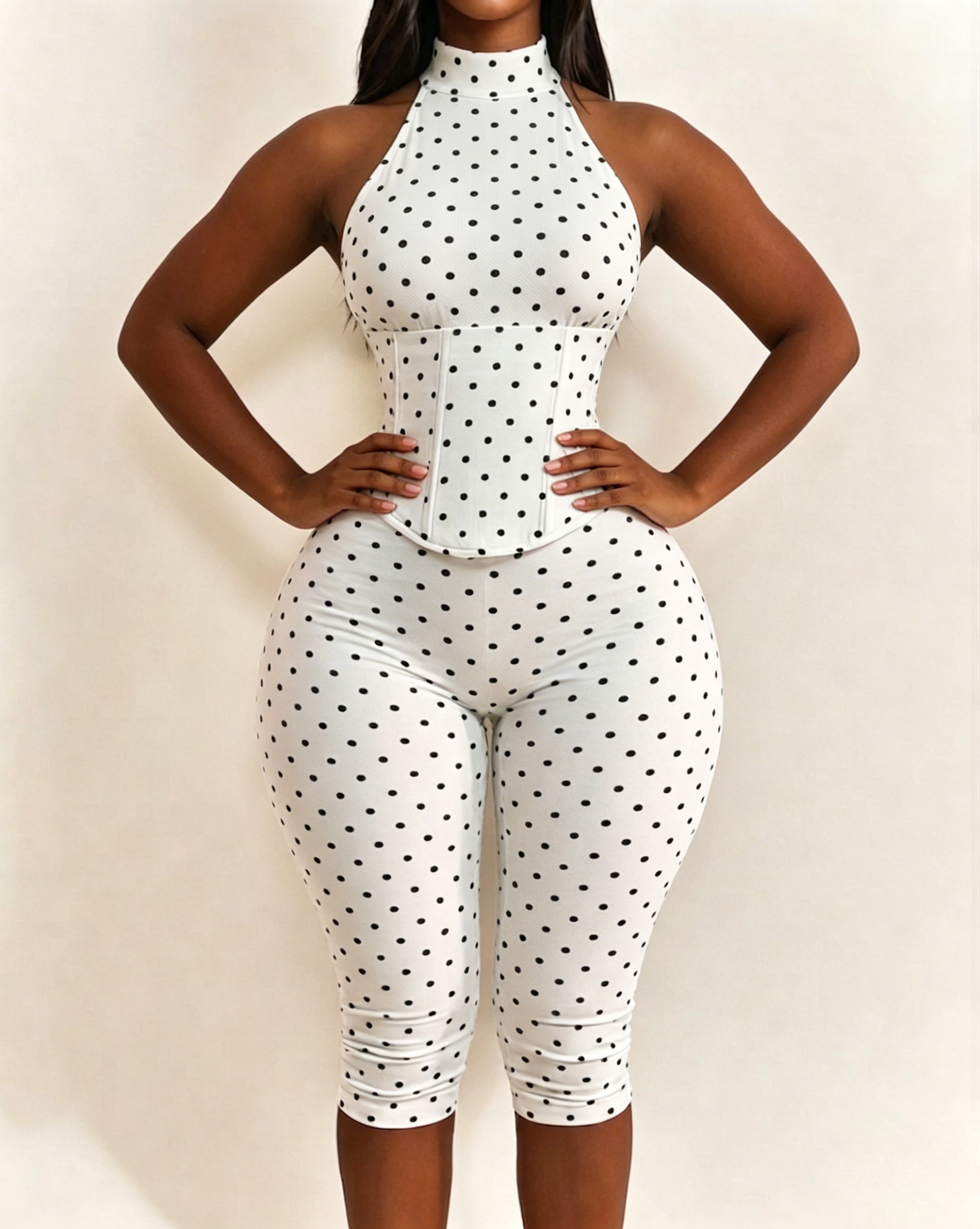Polka Dot Halter Neck Hourglass Capri Jumpsuit with Detachable Corset Two-Piece Set - By Qivii