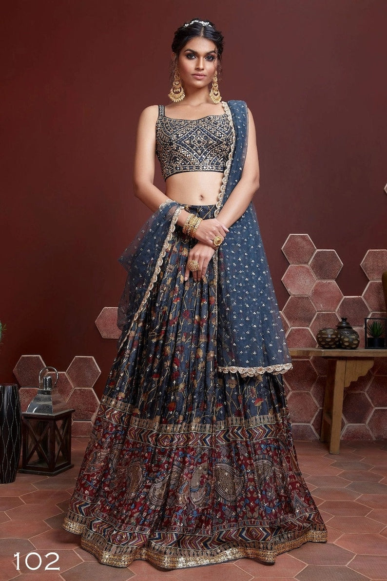 Designer blue lehenga choli with heavy embroidery for women's wedding and party wear