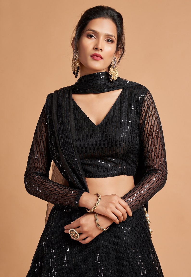 bollywood party style black lehenga choli for women with heavy sequence embroidery work wedding wear party wear