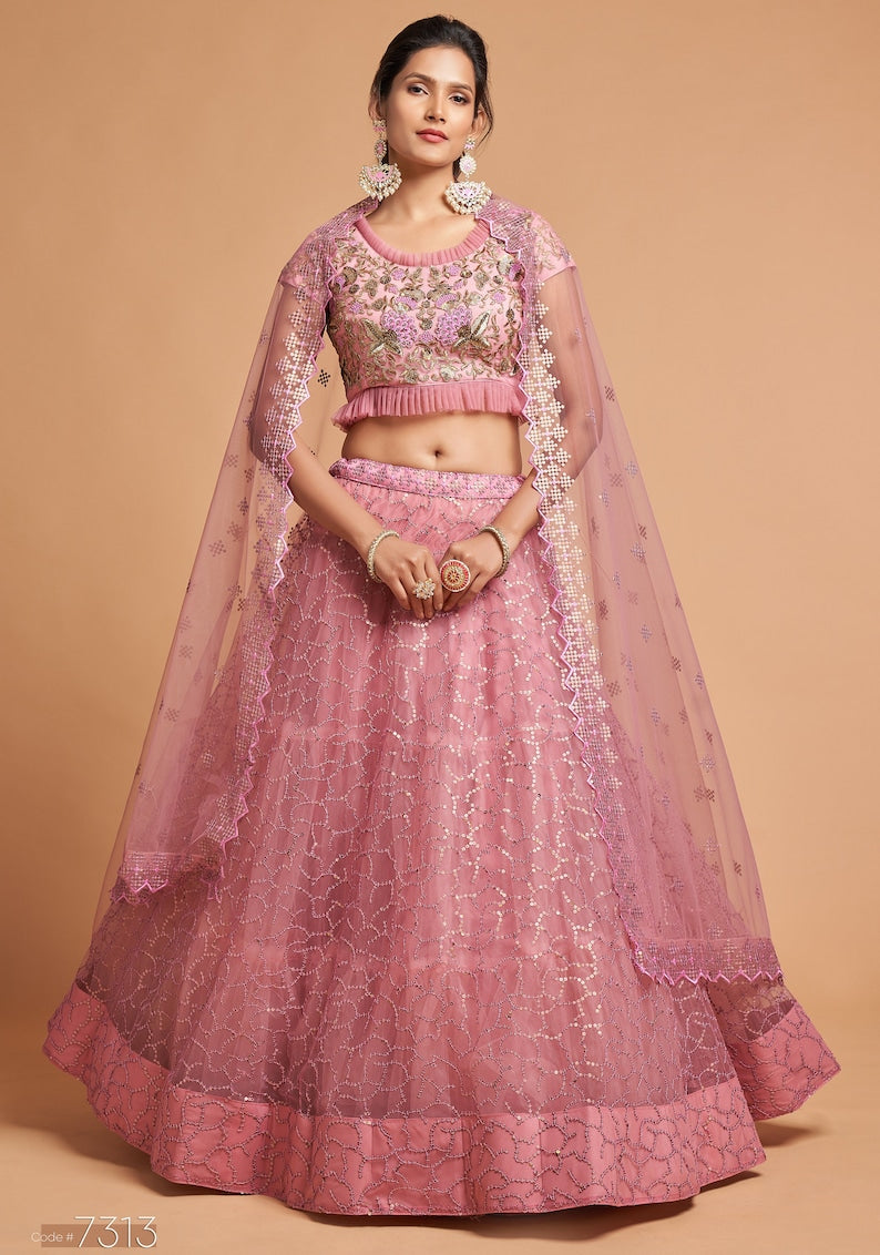 Designer selling Pink lehenga choli with Zari and Multiple Sequence Embroidery Work for woman party wear lehenga choli with dupatta