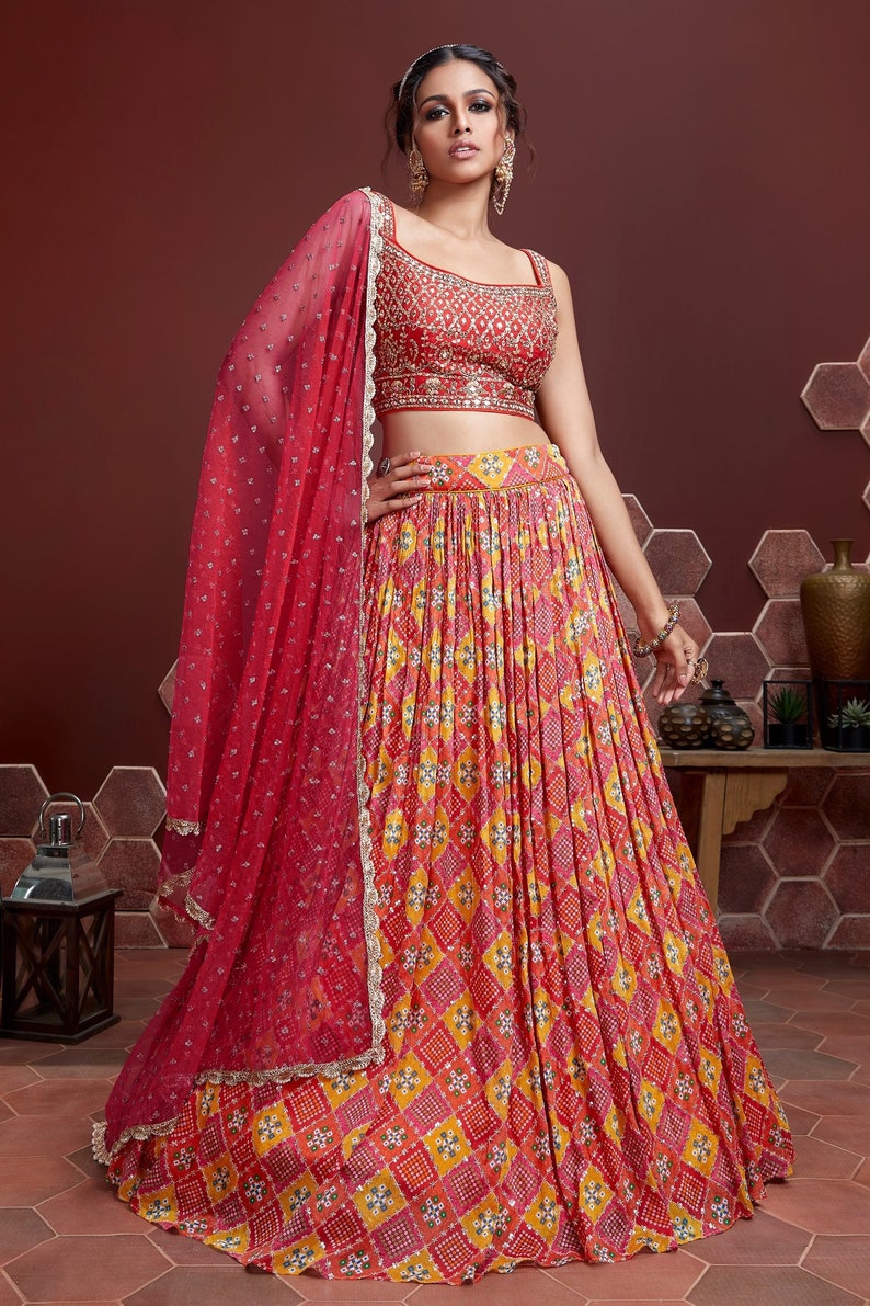 Red Banglori Silk Lehenga Choli with Digital Print and Heavy Embroidery