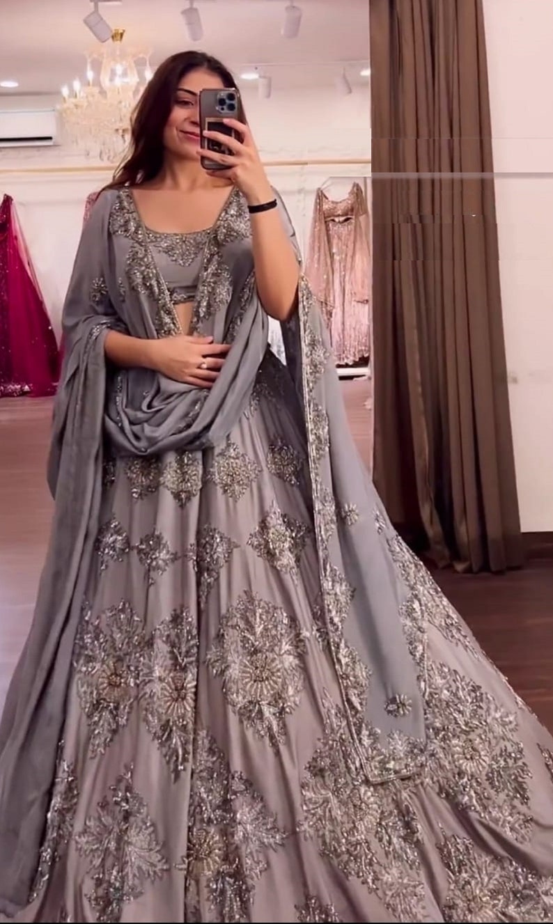 Designer Gray lehenga choli for women Embroidery Work party wear hotsell Lehenga choli, Wedding Bollywood Lehengas choli,Indian Traditional lehangas