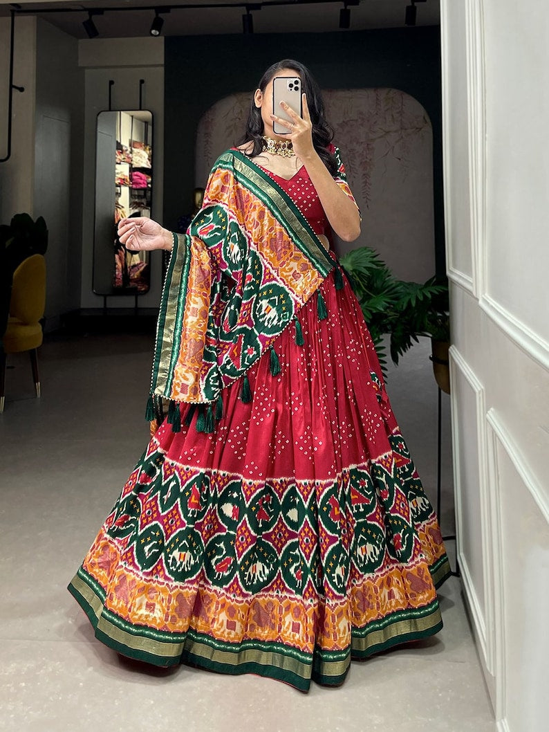 Fabulous Red Patola lehenga factory choli for women readytowear in USA , FreeShipping Indian Designer PureCotton With Foil And Printed lehenga Choli